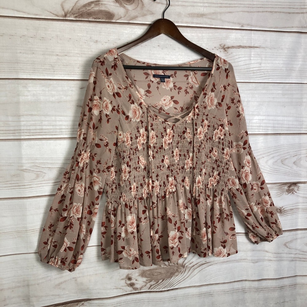 American Eagle Floral Smocked Blouse Cottagecore Boho Top - Medium - Picture 4 of 14